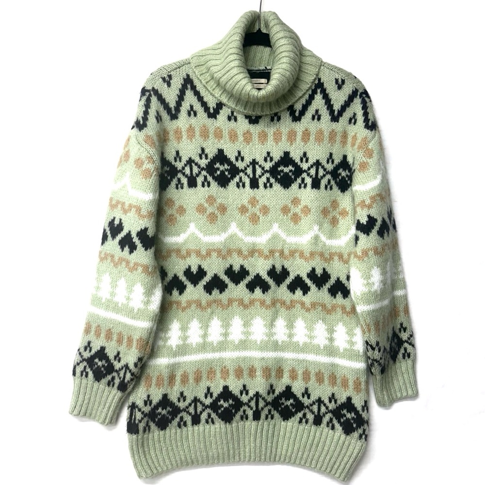 Anthropologie Turtle Neck Pull On Tunic Sweater Fair Isle Green Oversized Small